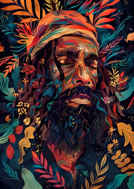 Photo a colorful painting of a man with dreadlocks and a beard