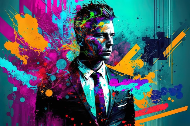 A colorful painting of a man with a suit and tie.