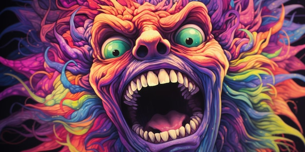 Photo a colorful painting of a monster with its mouth open ai