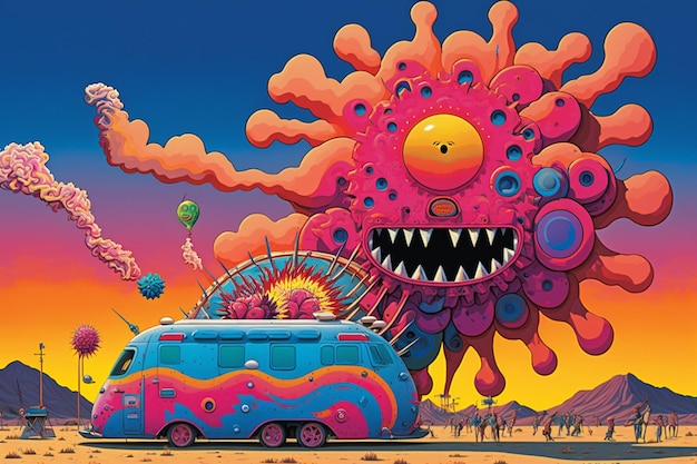 A colorful painting of a monster with a pink and blue car in front of it.