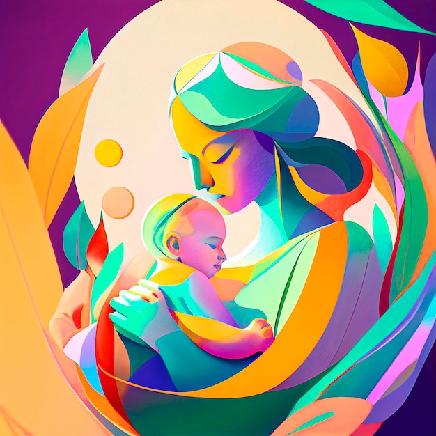 A colorful painting of a mother and baby