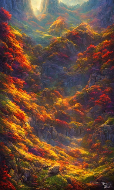 A colorful painting of a mountain landscape with a mountain in the background.