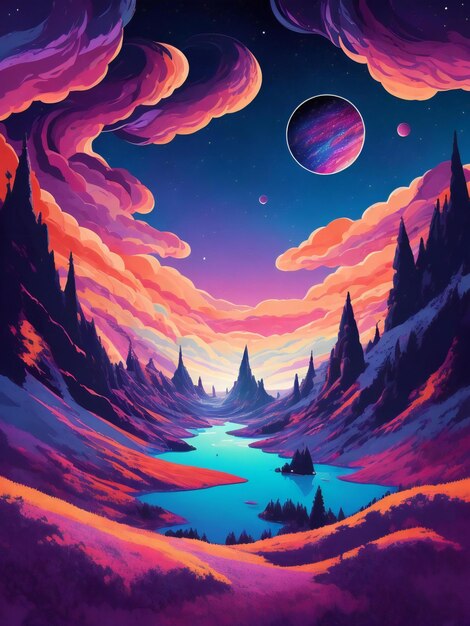 A colorful painting of a mountain and sky