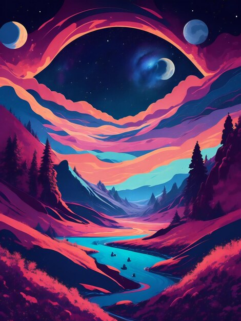 a colorful painting of a mountain and sky