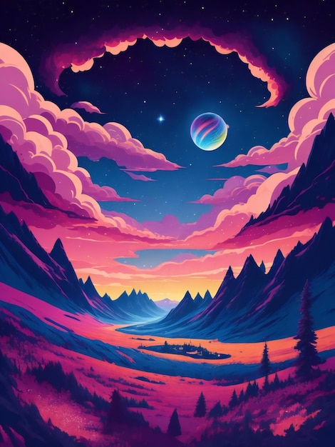 a colorful painting of a mountain and sky