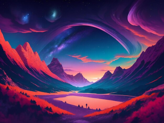 a colorful painting of a mountain and sky