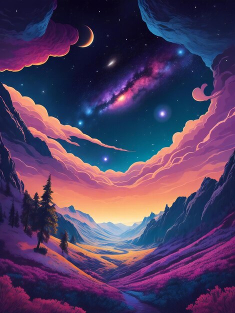 a colorful painting of a mountain and sky