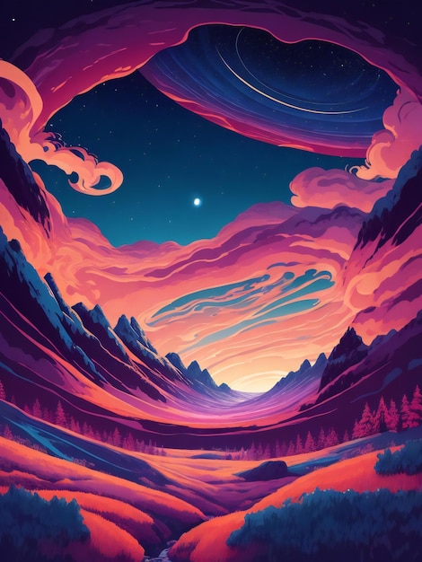 a colorful painting of a mountain and sky