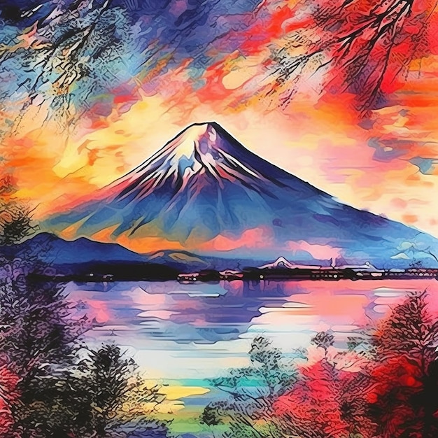 A colorful painting of a mountain with a colorful sky