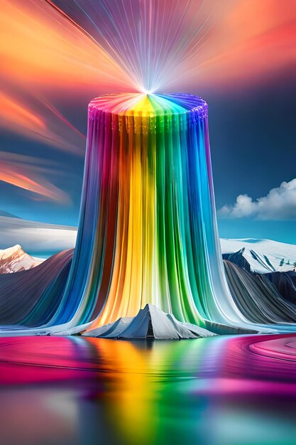 A colorful painting of a mountain with a rainbow on it