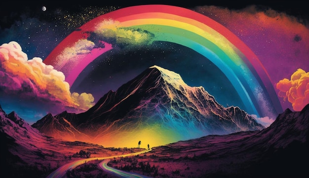 A colorful painting of a mountain with a rainbow on it.