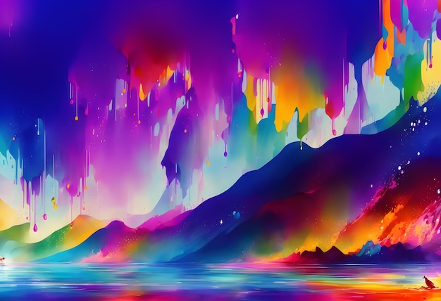 A colorful painting of a mountain with a rainbow and the word aurora on it.