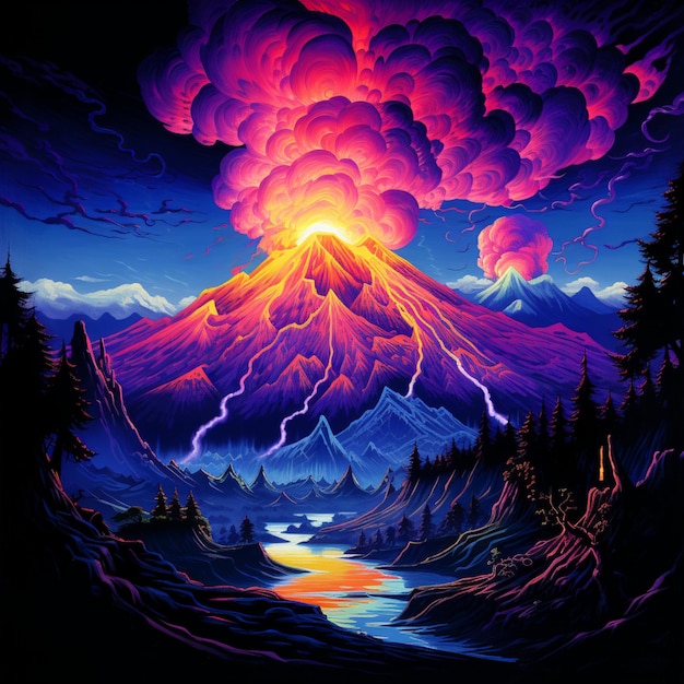 A colorful painting of a mountain with a river and a river.