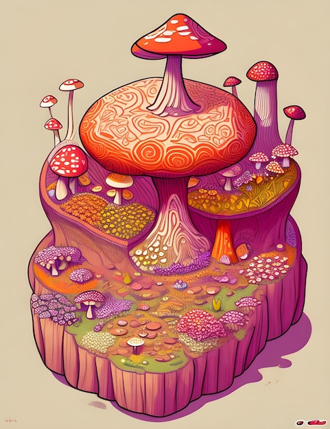 A colorful painting of mushrooms and mushrooms with a purple top.