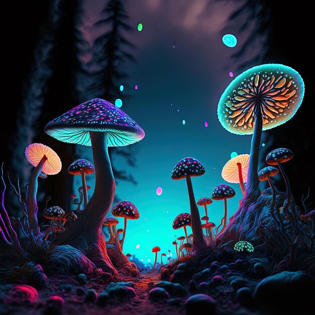 a colorful painting of mushrooms and a purple and green background