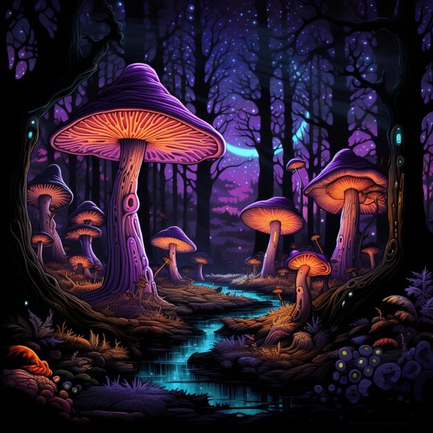 A colorful painting of mushrooms and a stream with a stream running through it.