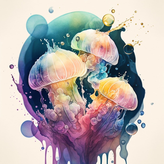 A colorful painting of mushrooms with the word