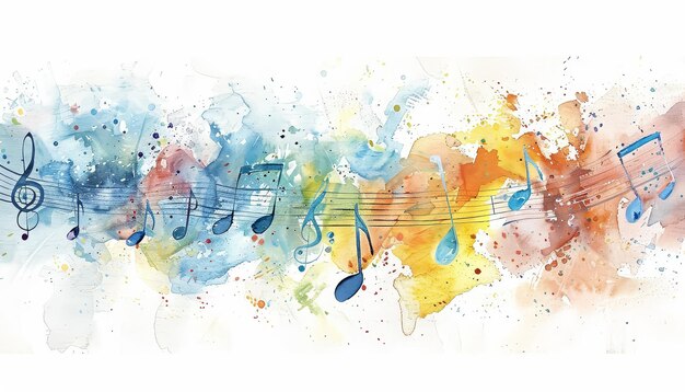 Photo a colorful painting of musical notes with a blue and yellow stripe