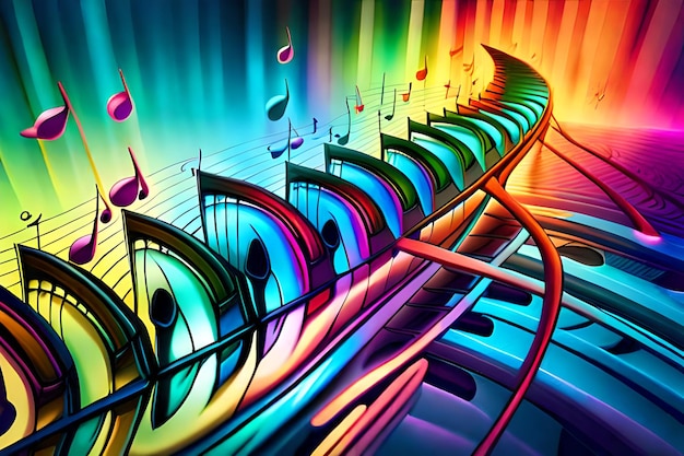 A colorful painting of musical notes