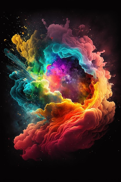 A colorful painting of a nebula with a black background and a rainbow colored paint.