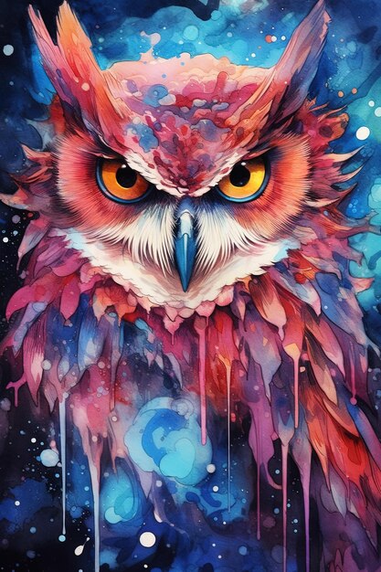 a colorful painting of an owl with a blue background with the moon in the background