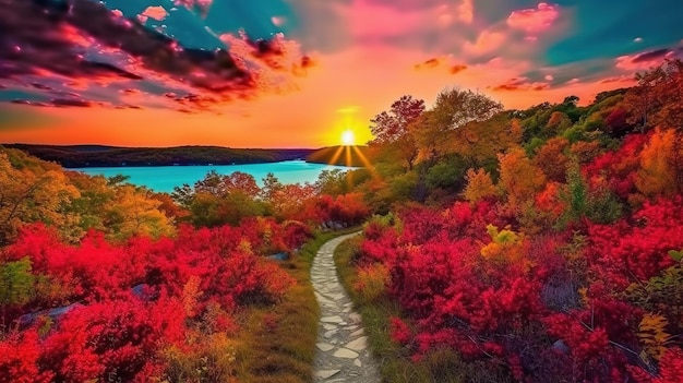 Photo a colorful painting of a path leading to a lake with the sun setting behind it.