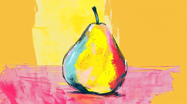 Photo a colorful painting of a pear the pear is sitting on a table the background is a bright yellow