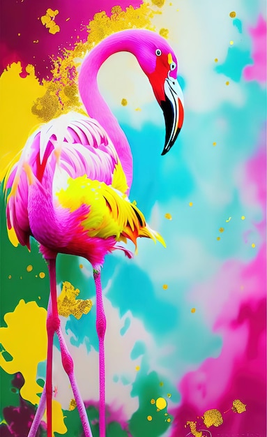 A colorful painting of a pink flamingo with a yellow head