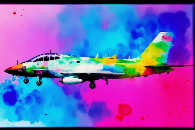 A colorful painting of a plane with the number 7 on it