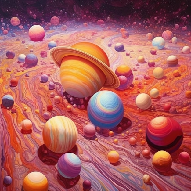 A colorful painting of planets and the sun