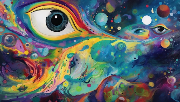 A colorful painting of a rainbow with the word eye on it