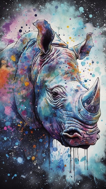 A colorful painting of a rhino with a black rhino on the front.
