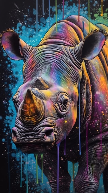 A colorful painting of a rhino with the colors of the rainbow.