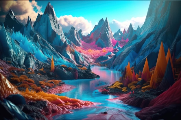 A colorful painting of a river with mountains and trees in the background.