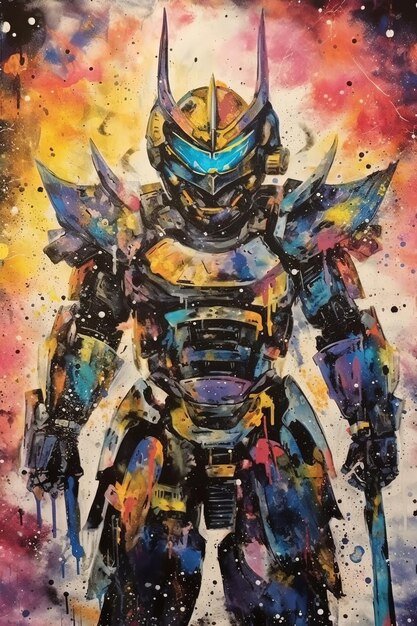 a colorful painting of a robot with a blue head and wings