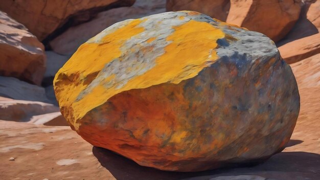 A colorful painting of a rock with a yellow and orange background