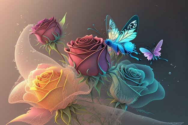 A colorful painting of roses with a butterfly on it