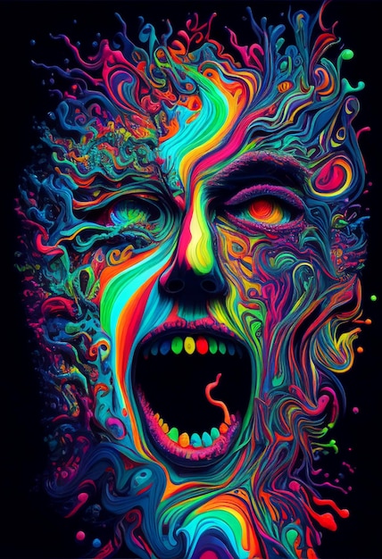 A colorful painting of a screaming face with the word danger on it.