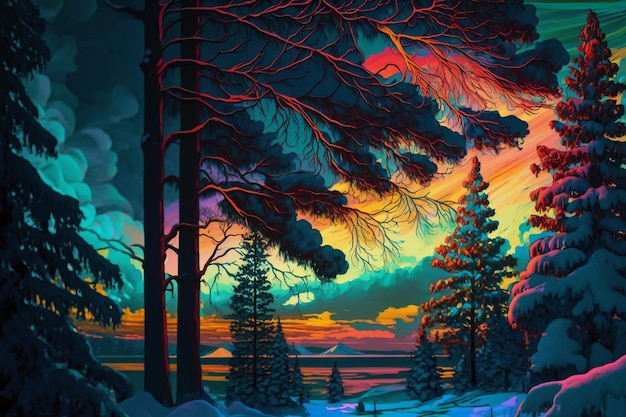 A colorful painting of a snowy landscape with a snowy landscape and a tree with the sun shining on it.