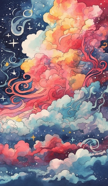 A colorful painting of a starry sky with a picture of a cloud and the words'magic'on it