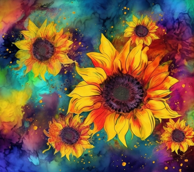 Photo a colorful painting of a sunflowers with the word sun on it.