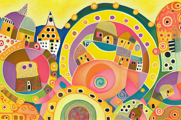 A colorful painting of a town with a circle and the word " on it.