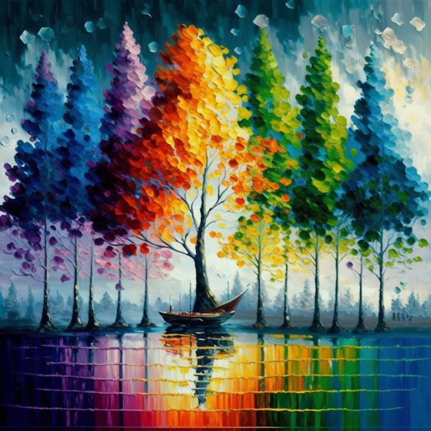 A colorful painting of a tree on the water with the colors of the rainbow.