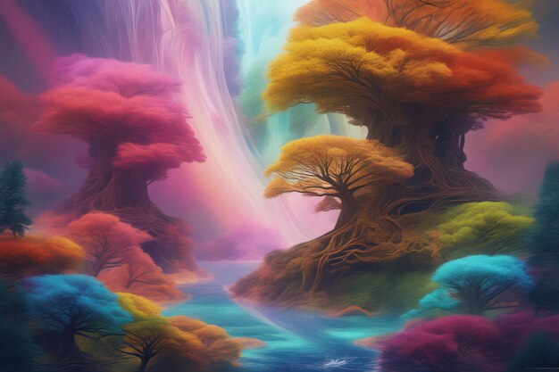 a colorful painting of the trees