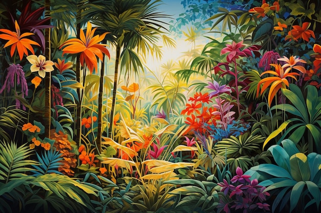 A colorful painting of tropical plants and the word jungle