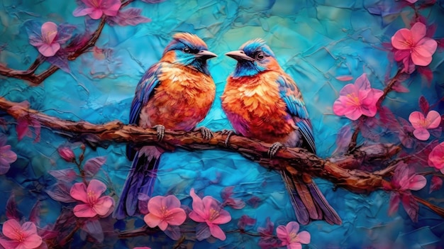 A colorful painting of two birds on a branch with pink flowers.