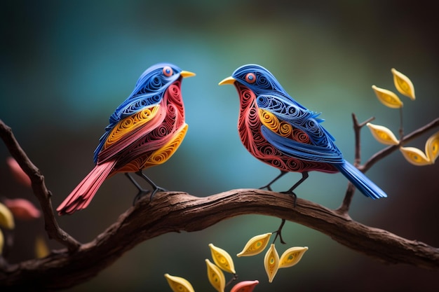 A colorful painting of two birds on a branch