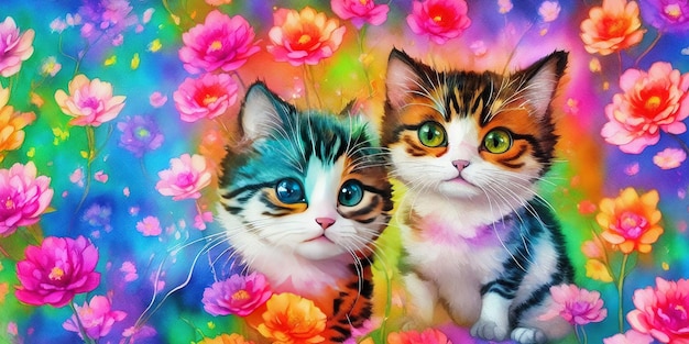 A colorful painting of two cats with flowers in the background.