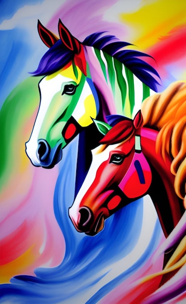 A colorful painting of two horses with the word horses on the front