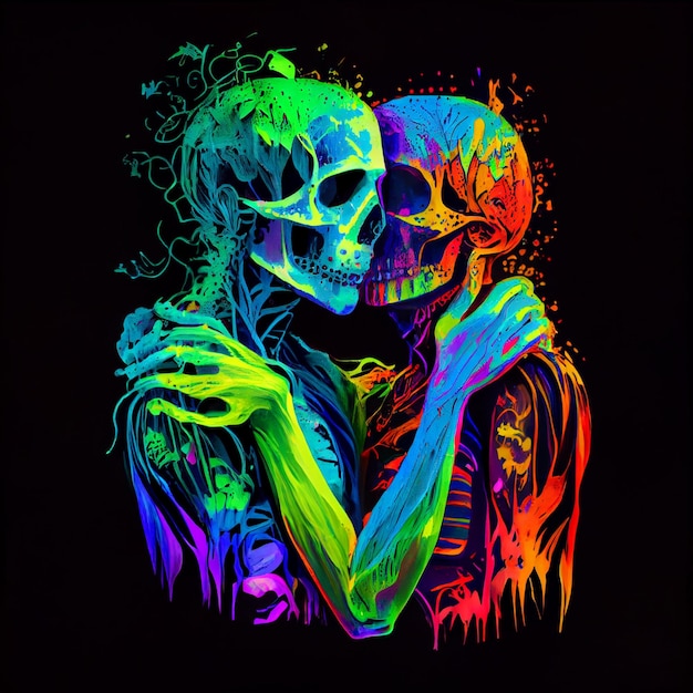 A colorful painting of two skeletons hugging each other.